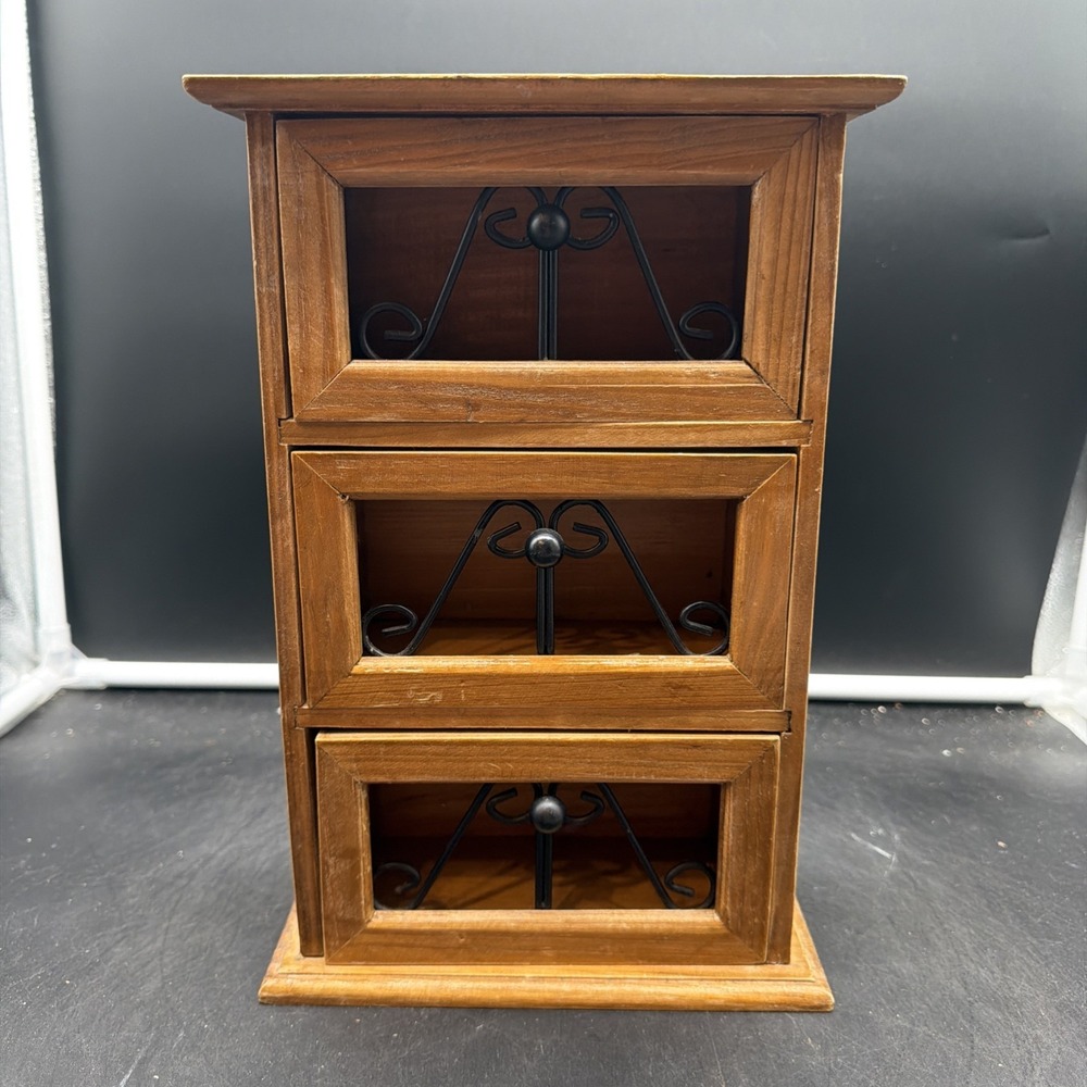 VTG Wood Small Counter Top 3 Drawer Storage Caddy Iron Scroll Drawers Grannycore